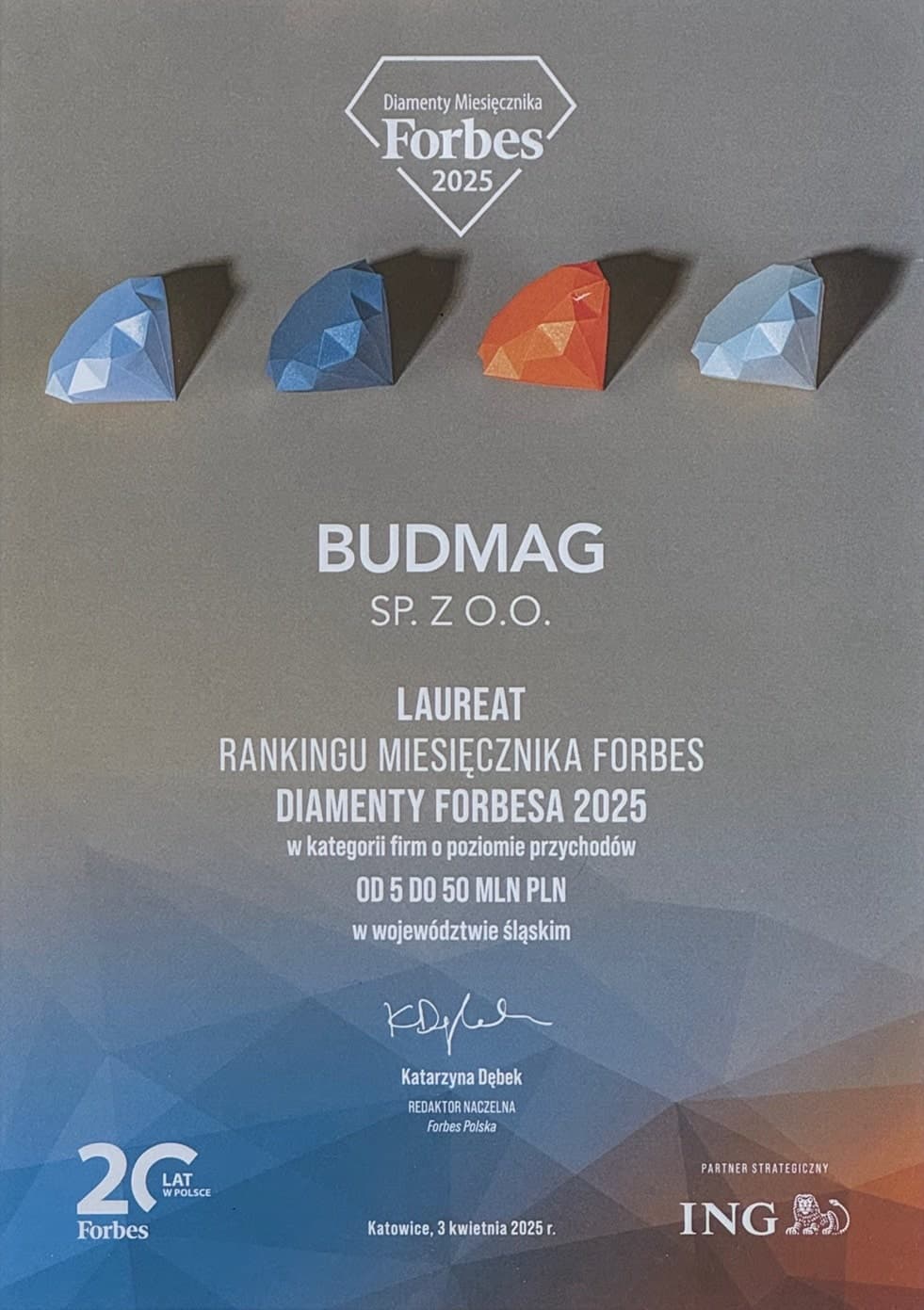 Diamenty Forbes 2025 - wyróżnienie dla Budmag Sp. z o.o.